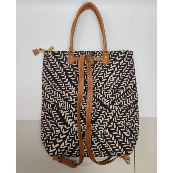 Sseko Designs Canvas Leather Convertible Backpack Tote Bag Black Tan Geometric main image 7